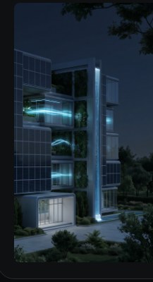 A modern regenerative civic facility glowing with blue light at dusk