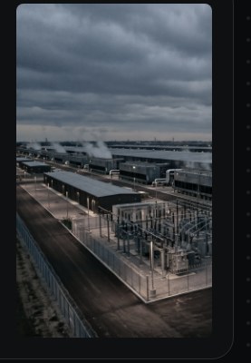 A traditional industrial power facility under an overcast sky